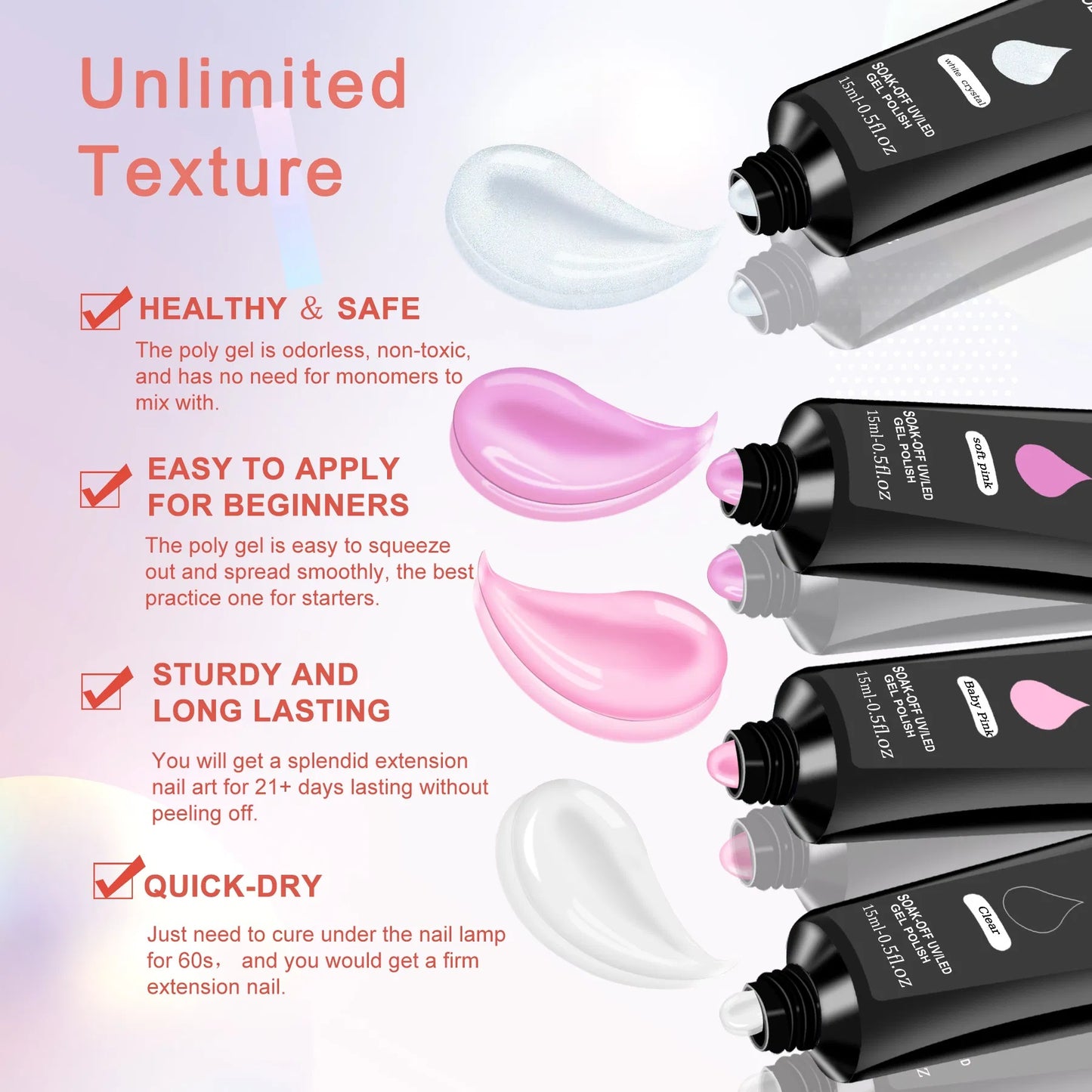 6 PCS Poly Gel Nail Kit With UV Lamp, Nail Brush And Nail Art Tools