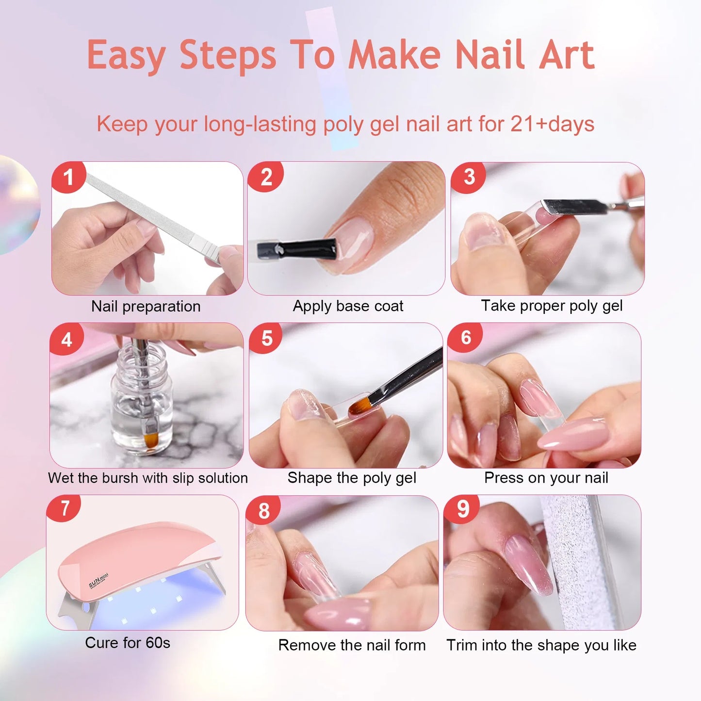 6 PCS Poly Gel Nail Kit With UV Lamp, Nail Brush And Nail Art Tools