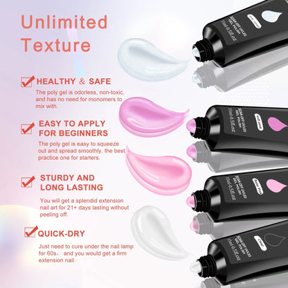 6 PCS Poly Gel Nail Kit With UV Lamp, Nail Brush And Nail Art Tools