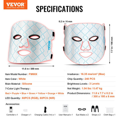 VEVOR Red Light Mask 7-Color LED Face Mask Therapy With 850nm NIR